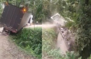 Carreta tomba em ‘câmera lenta’ em barranco de SC