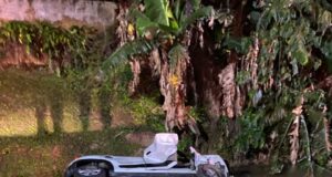 Carro sai da pista e cai em córrego com quatro ocupantes em Brusque